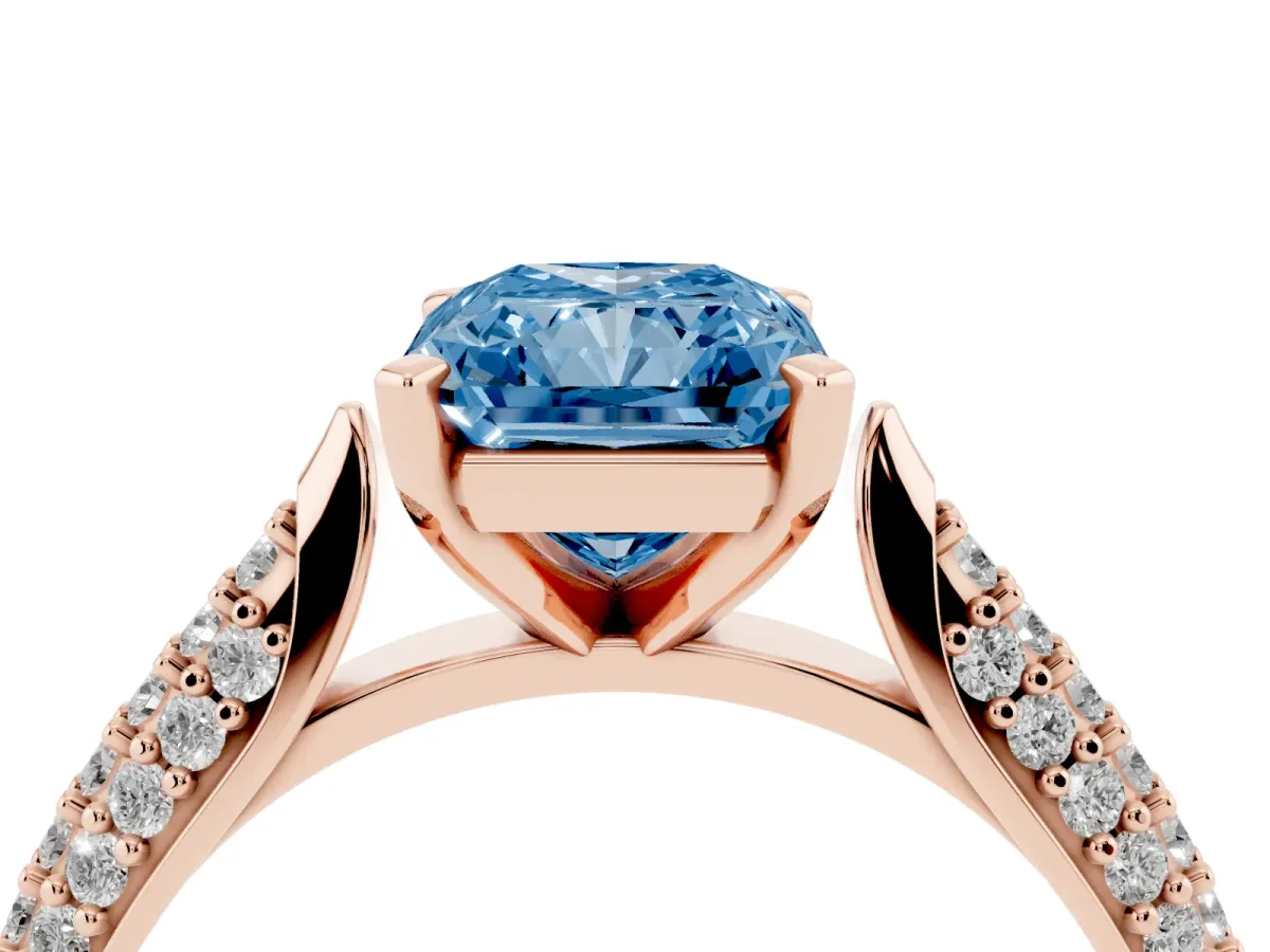 Fancy Blue Radiant Cut Diamond Solitaire Engagement Ring with Multi-Row Round Pavé Band and Prong Setting Rose gold