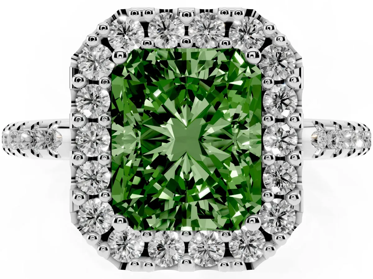 Fancy Green Radiant Cut Diamond Pavé Halo Ring with Four-Prong Setting Silver