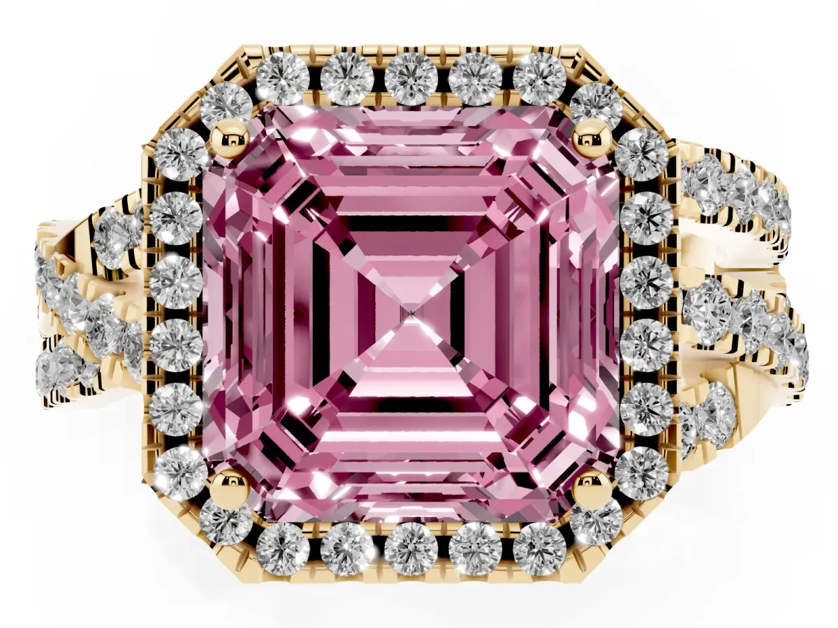 Fancy Pink Asscher Cut Diamond Halo Ring with Round Split Shank and Prong Setting Yellow gold