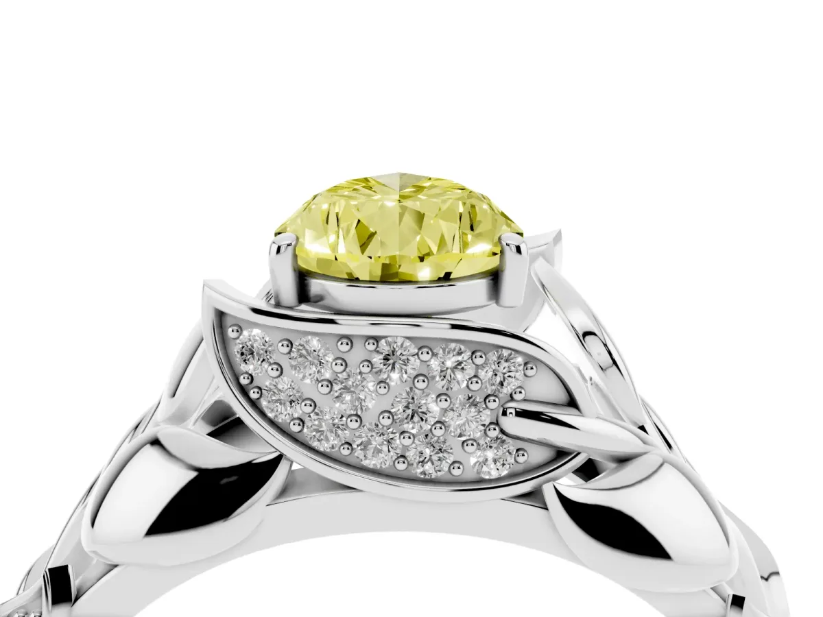 Fancy Yellow Pear Cut Diamond Leaf-Inspired Engagement Ring with Round Accents and Prong Setting Silver