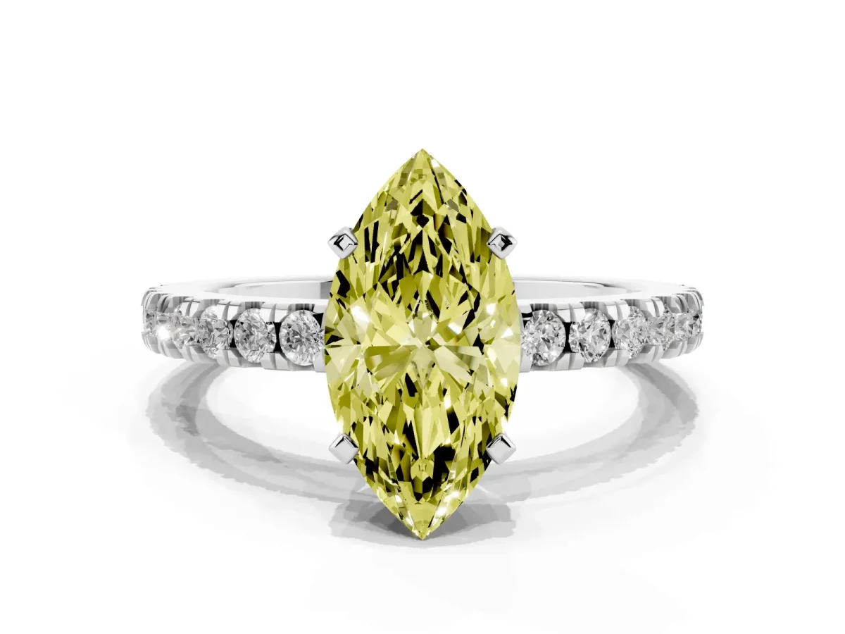 Fancy Yellow Marquise Cut Solitaire Diamond with Pavé Band and Four-Prong Setting Platinum