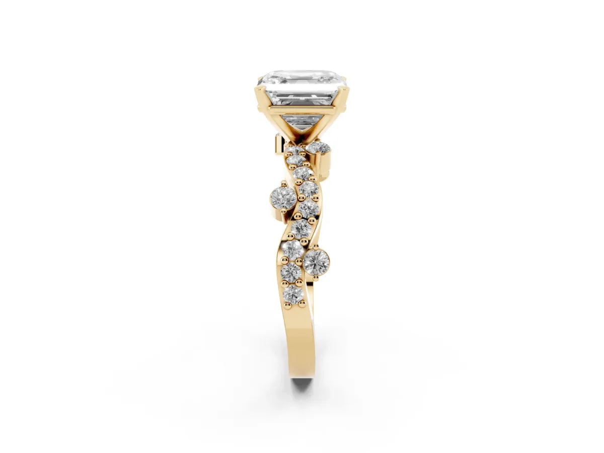 Asscher Cut Cut Solitaire Diamond Twisted Band with Pave Setting Yellow gold