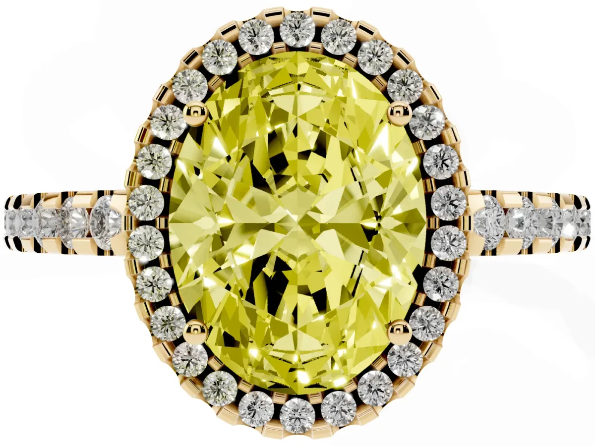 Fancy Yellow Oval Cut Diamond Halo Engagement Ring with Pavé Band and Prong Setting Yellow gold