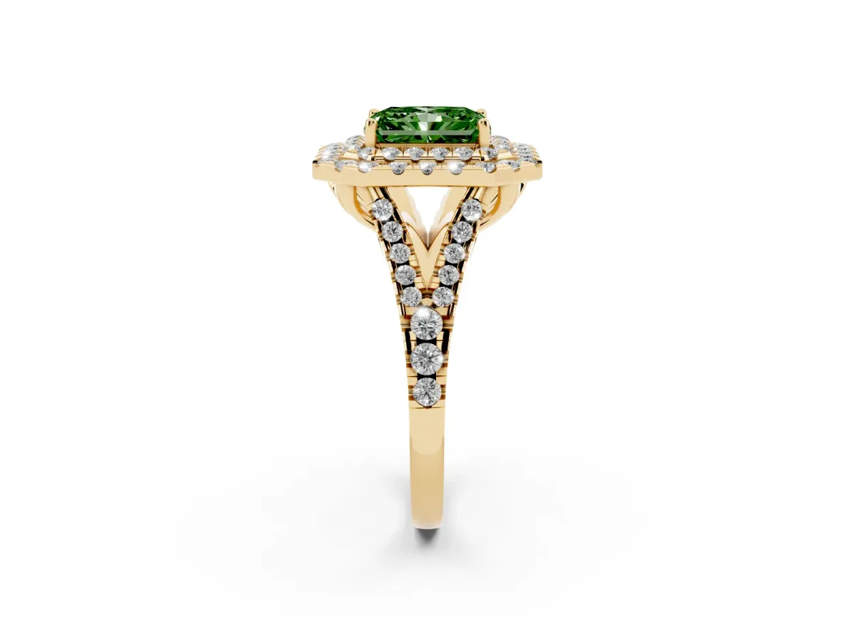 Fancy Green Double Halo Radiant Cut Diamond Pavé Split Shank Ring with Prong Setting Yellow gold