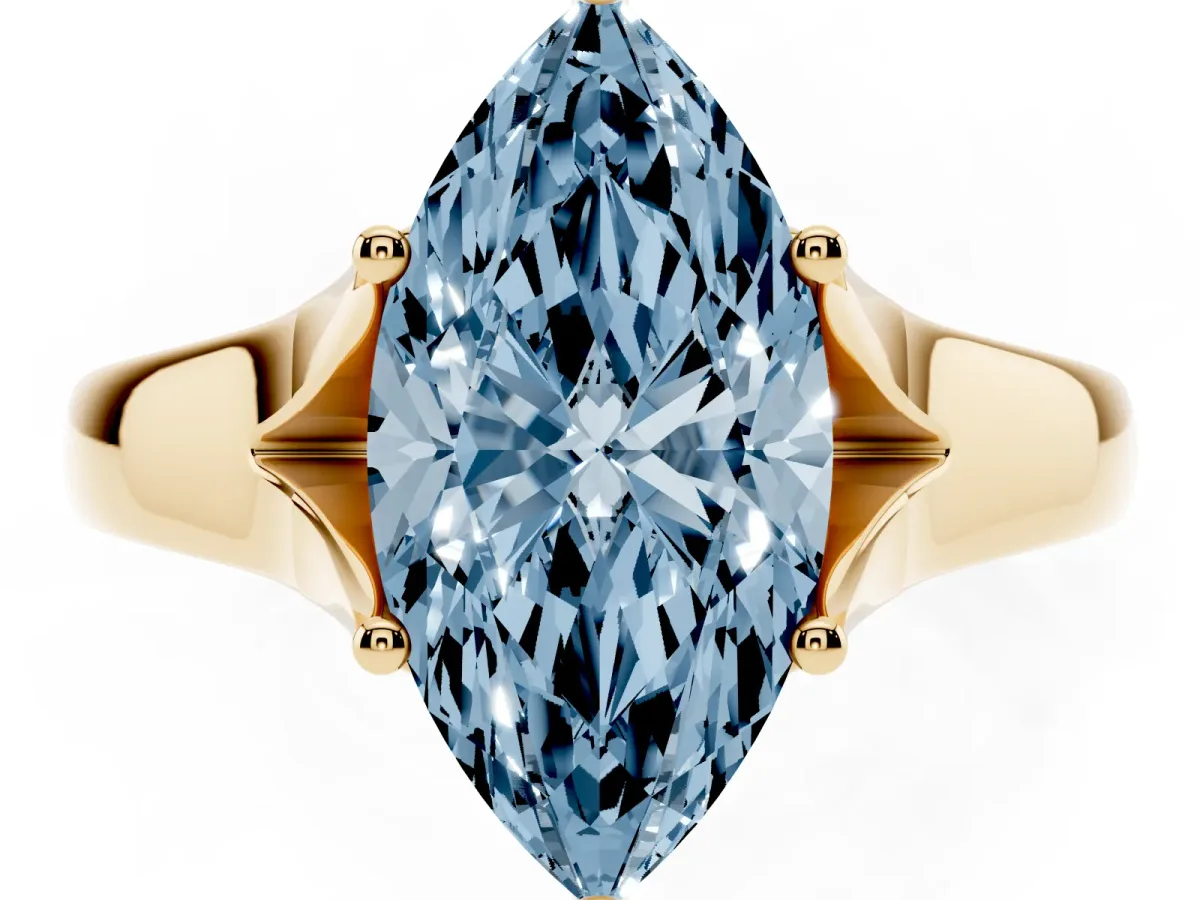 Fancy Blue Marquise Cut Solitaire Diamond Ring with Cathedral Band and Four-Prong Setting Yellow gold