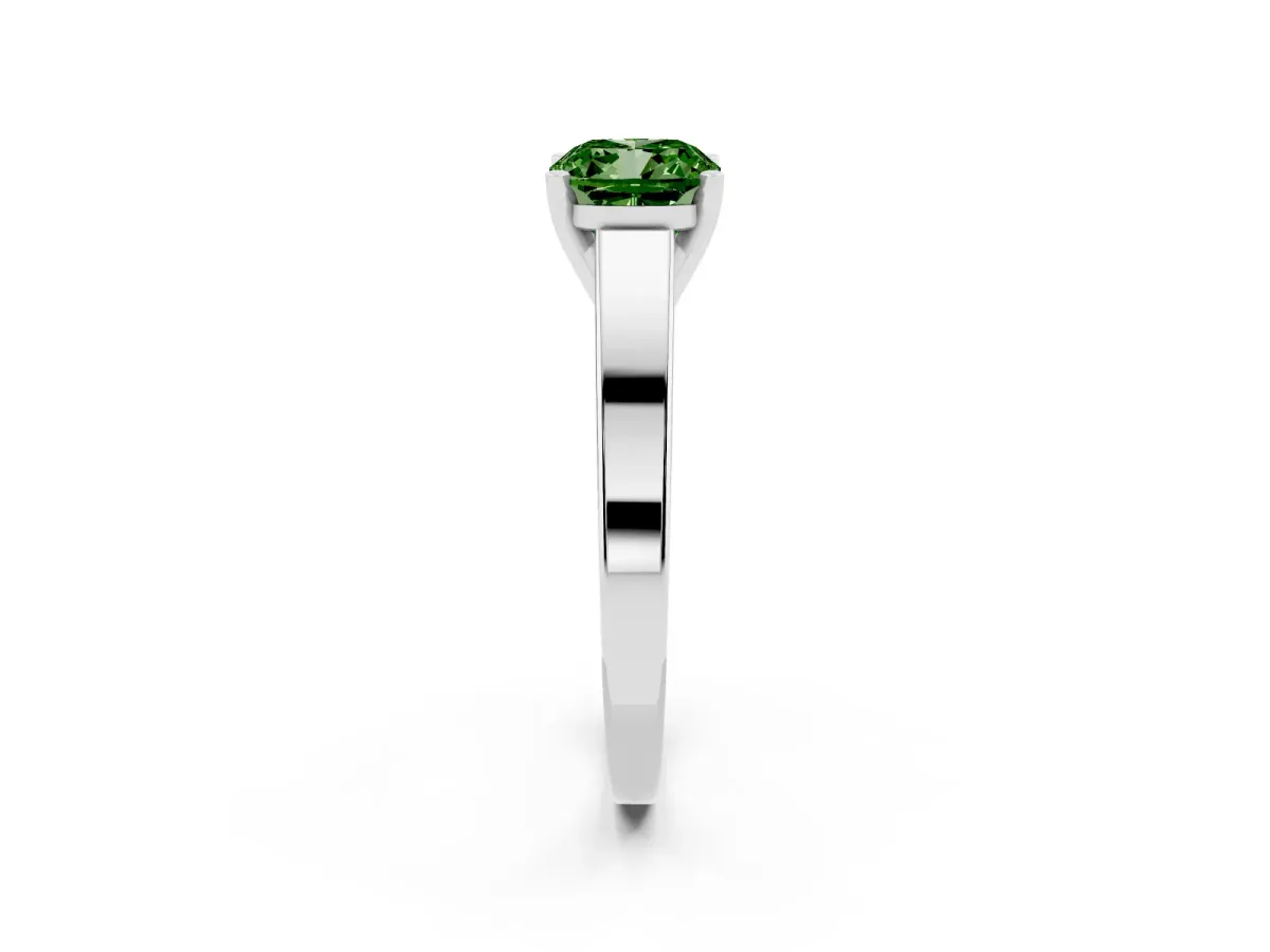 Fancy Green Cushion Cut Solitaire Engagement Ring with Four-Prong Setting and Tapered Band Silver