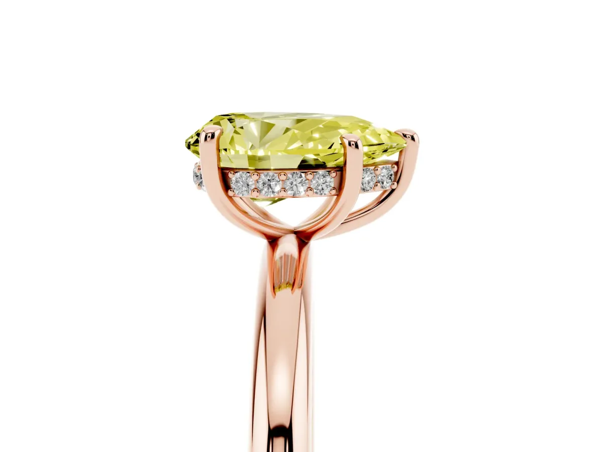 Fancy Yellow Pear Cut Diamond Solitaire Ring with Thin Band and Four-Prong Setting Rose gold