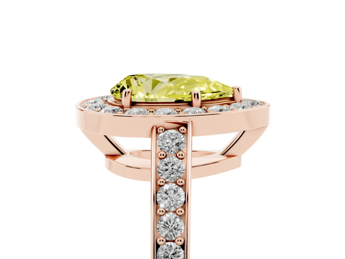 Fancy Yellow Pear Cut Halo Pavé Diamond Engagement Ring with Bezel Setting Rose gold