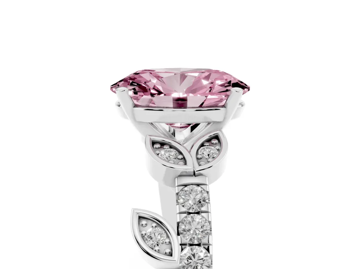 Fancy Pink Oval Cut Solitaire Leaf-Inspired Diamond Ring with Pavé Band and Four-Prong Setting Silver