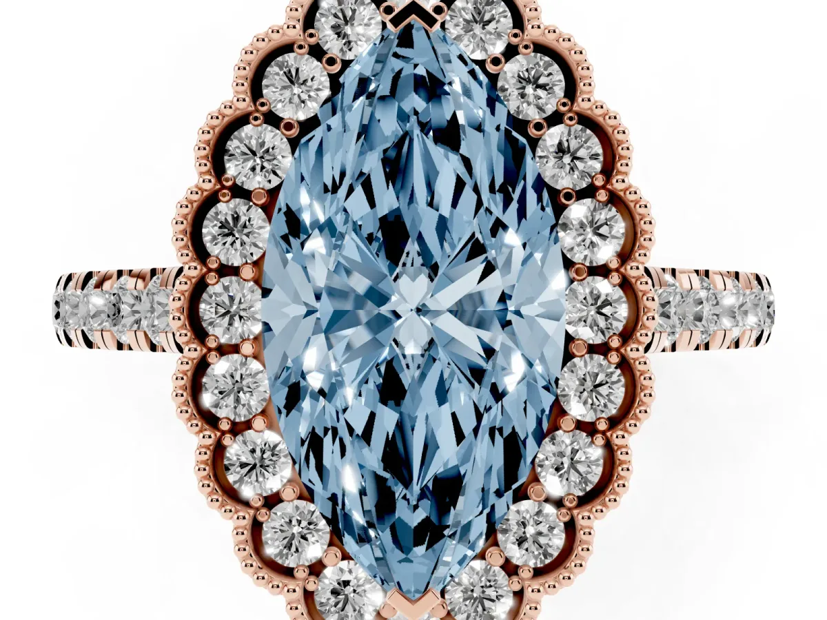 Fancy Blue Marquise Cut Cut Diamond Milgrain Floral Halo Engagement Ring with Pavé Band Rose gold