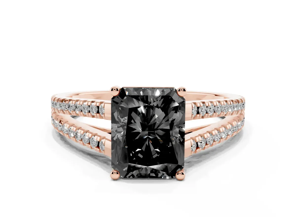 Fancy Black Radiant Cut Diamond Solitaire Engagement Ring with Split Shank Pavé Band Rose gold