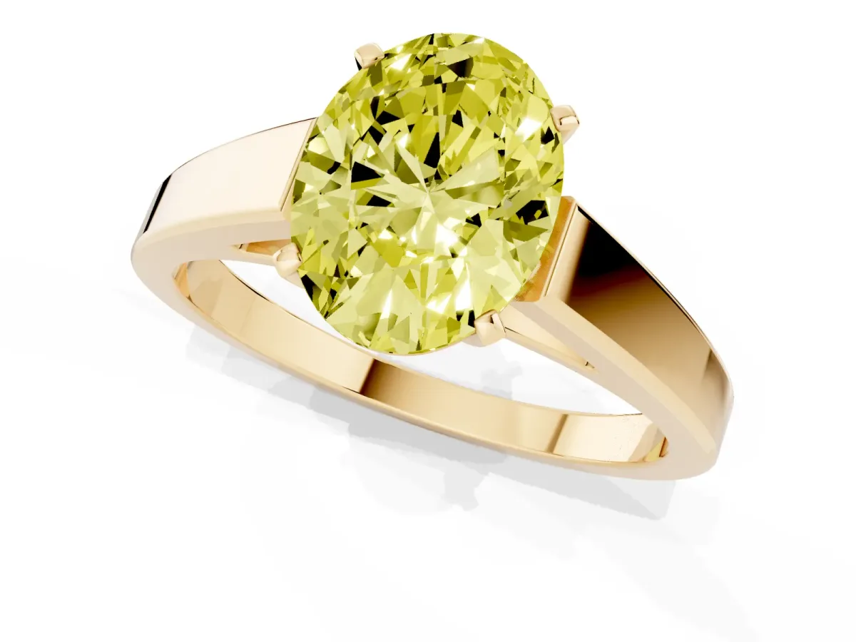 Fancy Yellow Oval Cut Solitaire Engagement Ring with Four-Prong Setting and Tapered Band Yellow gold