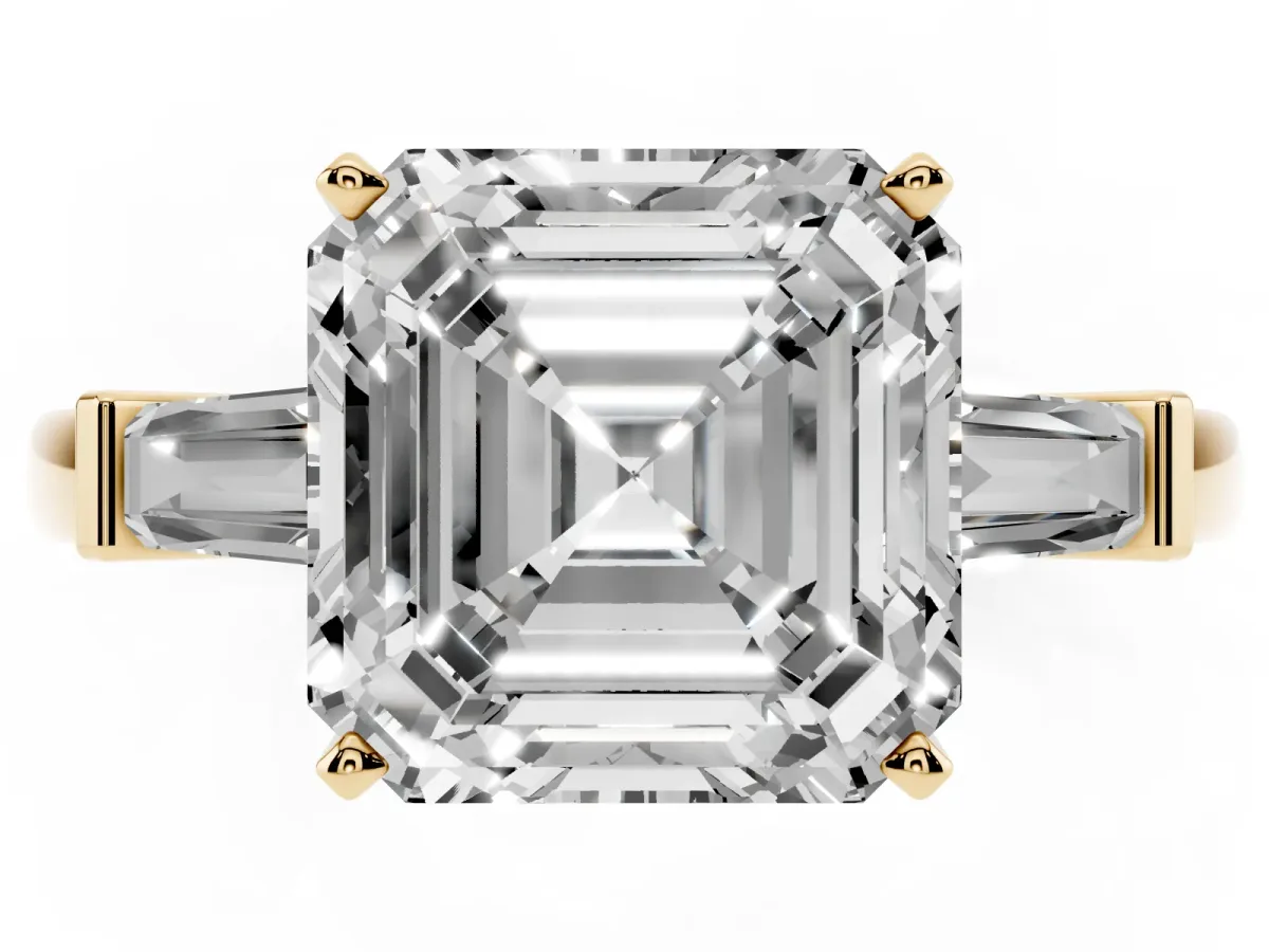 Asscher Cut Cut Diamond Solitaire Ring with Tapered Baguette Accents and Four-Prong Setting Yellow gold