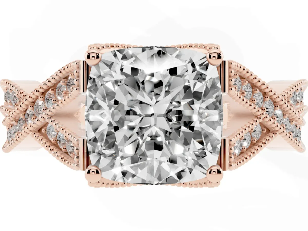 Cushion Cut Cut Diamond Twisted Band with Milgrain Pave Setting and Four-Prong Setting Rose gold