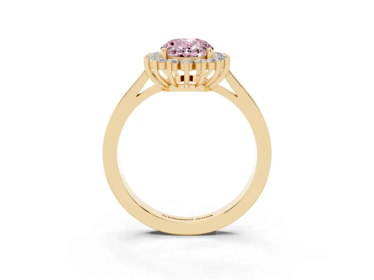 Fancy Pink Oval Cut Cut Diamond Halo Ring with Round Brilliant Halo and Solitaire Band Yellow gold