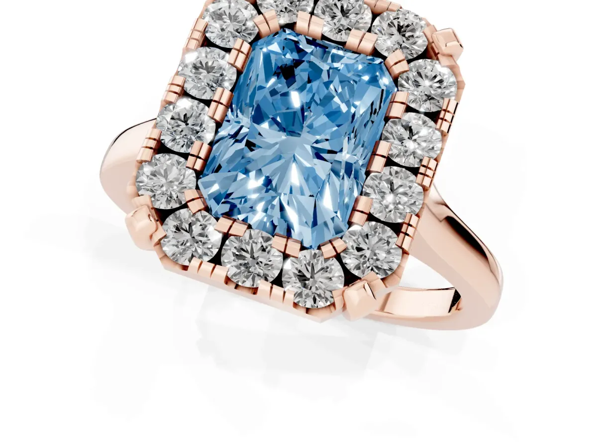 Fancy Blue Radiant Cut Diamond Cluster Halo Solitaire with Four-Prong Setting Rose gold