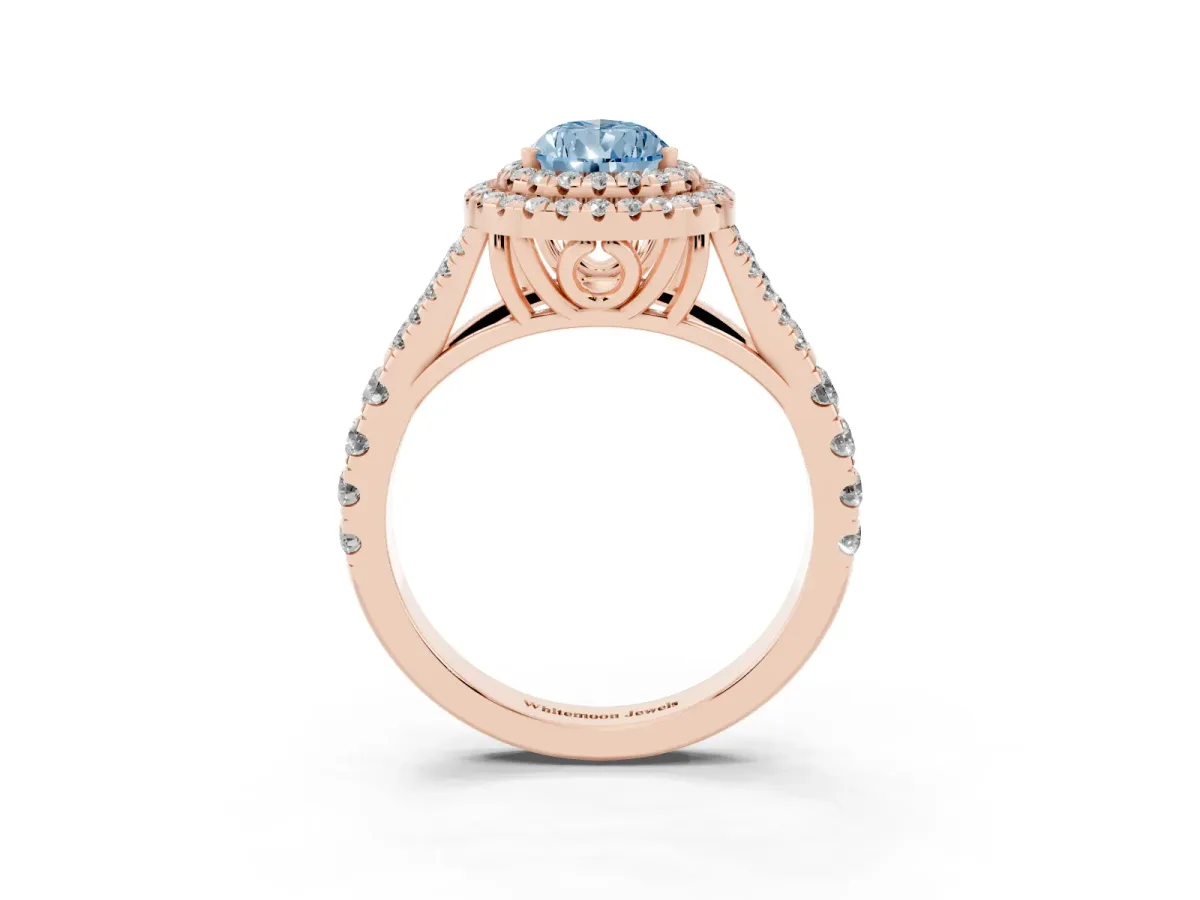 Fancy Blue Pear Cut Cut Double Halo Split Shank Diamond Ring with Prong Setting Rose gold