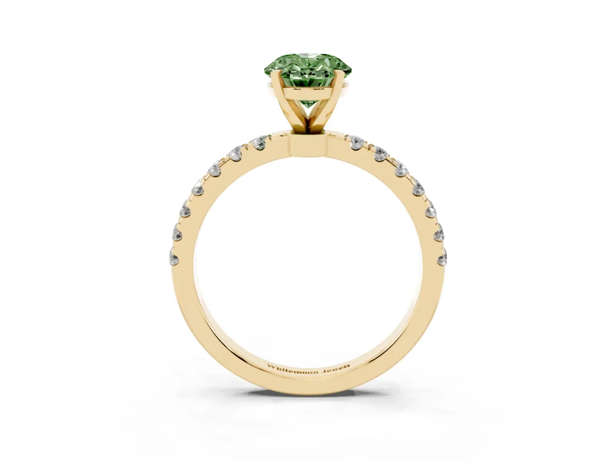 Fancy Green Oval Cut Diamond Solitaire Ring with Pavé Accents and Four-Prong Setting Yellow gold