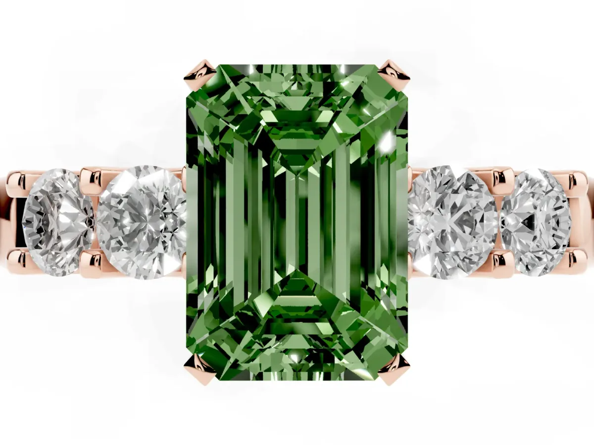 Fancy Green Emerald Cut Brilliant Cut Diamond Five-Stone Prong Set Engagement Ring with Channel Band Rose gold