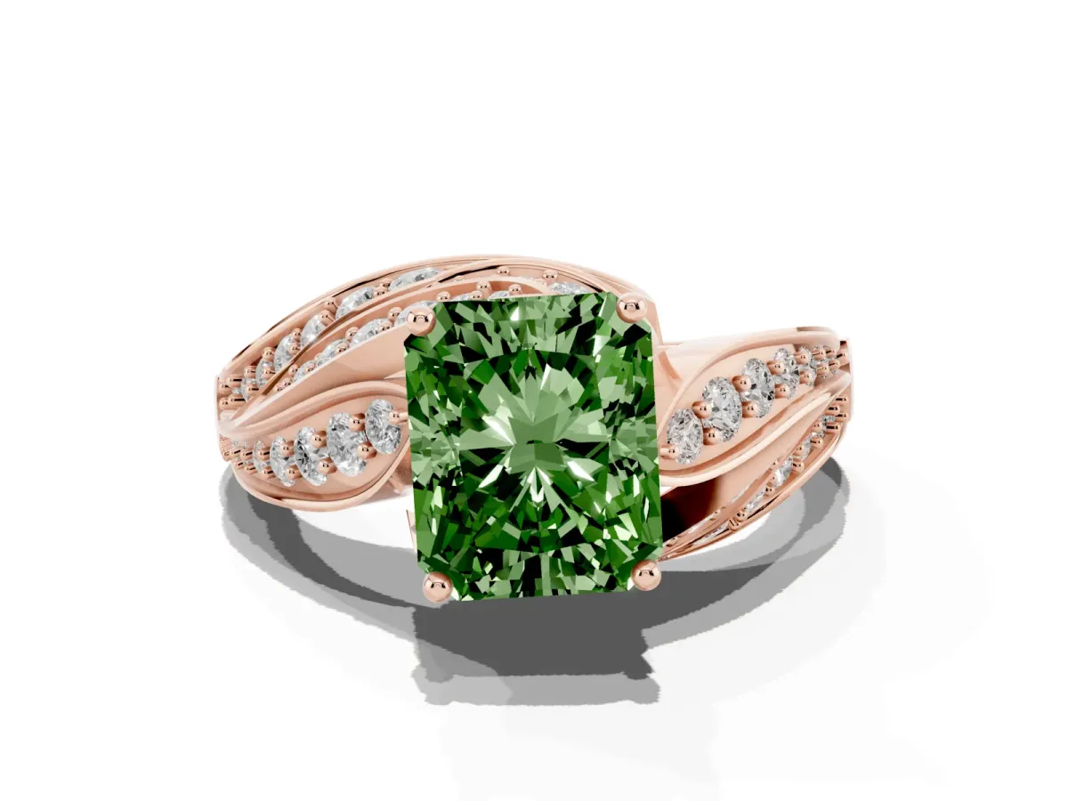 Fancy Green Radiant Cut Diamond Solitaire Ring with Prong Setting and Twisted Pavé Band Rose gold