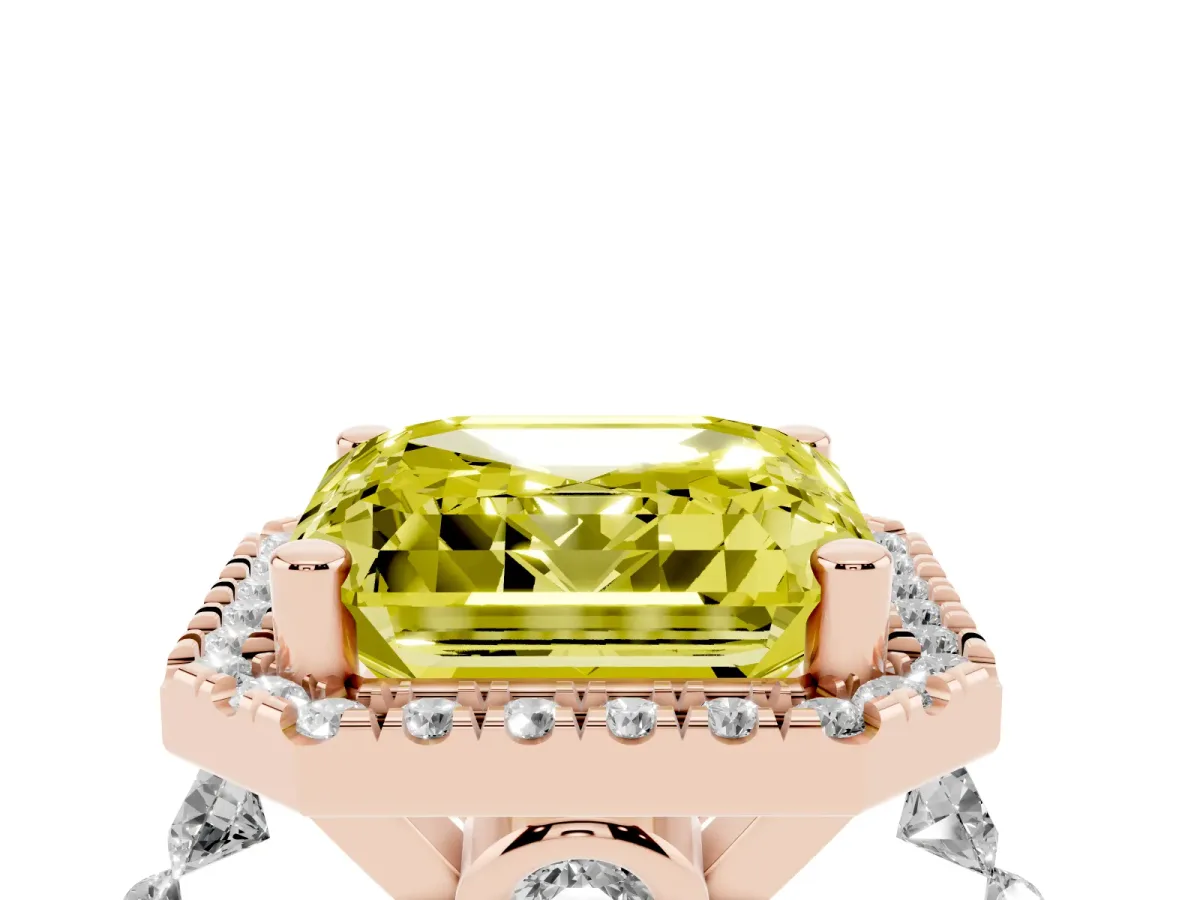 Fancy Yellow Asscher Cut Halo Pavé Diamond Engagement Ring with Four-Prong Setting Rose gold