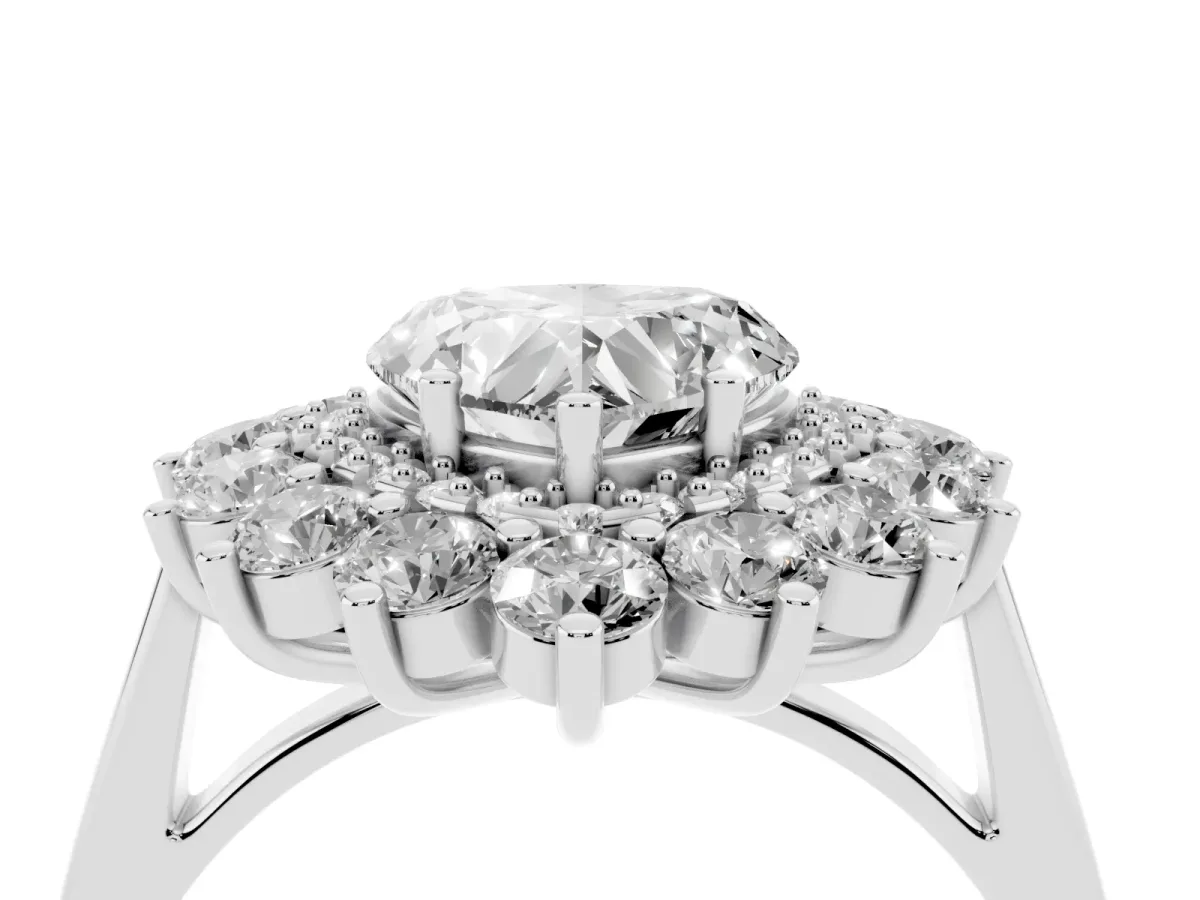 Heart Cut Diamond Floral Double Halo Engagement Ring with Prong Setting Silver