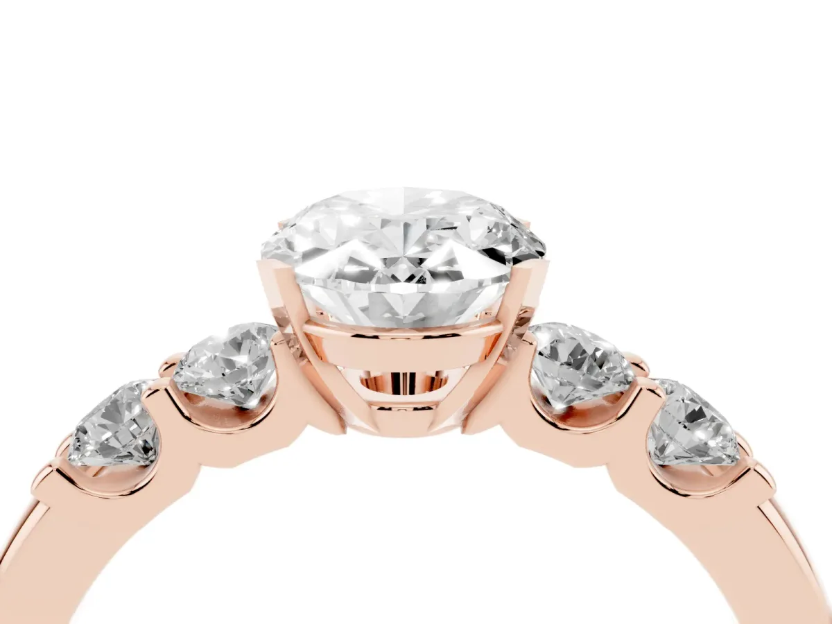 Oval Cut Brilliant Cut Diamond Five-Stone Prong Set Engagement Ring with Channel Band Rose gold