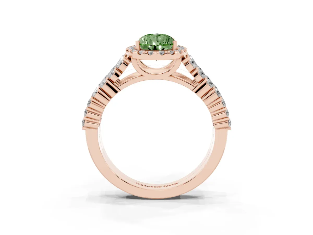 Fancy Green Pear Cut Diamond Halo Engagement Ring with Triple Row Round Pavé Band and Prong Setting Rose gold