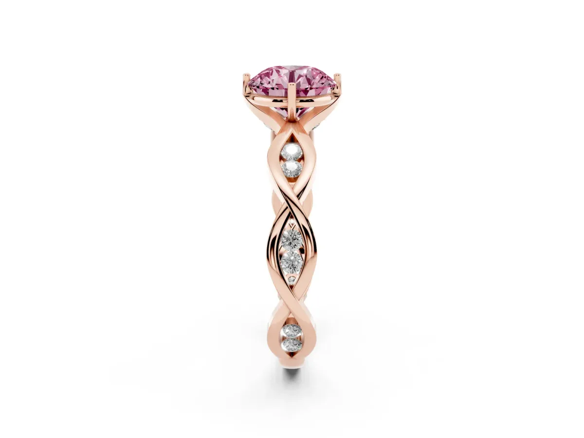 Fancy Pink Round Cut Solitaire Twist Band with Leaf Prong Setting Rose gold