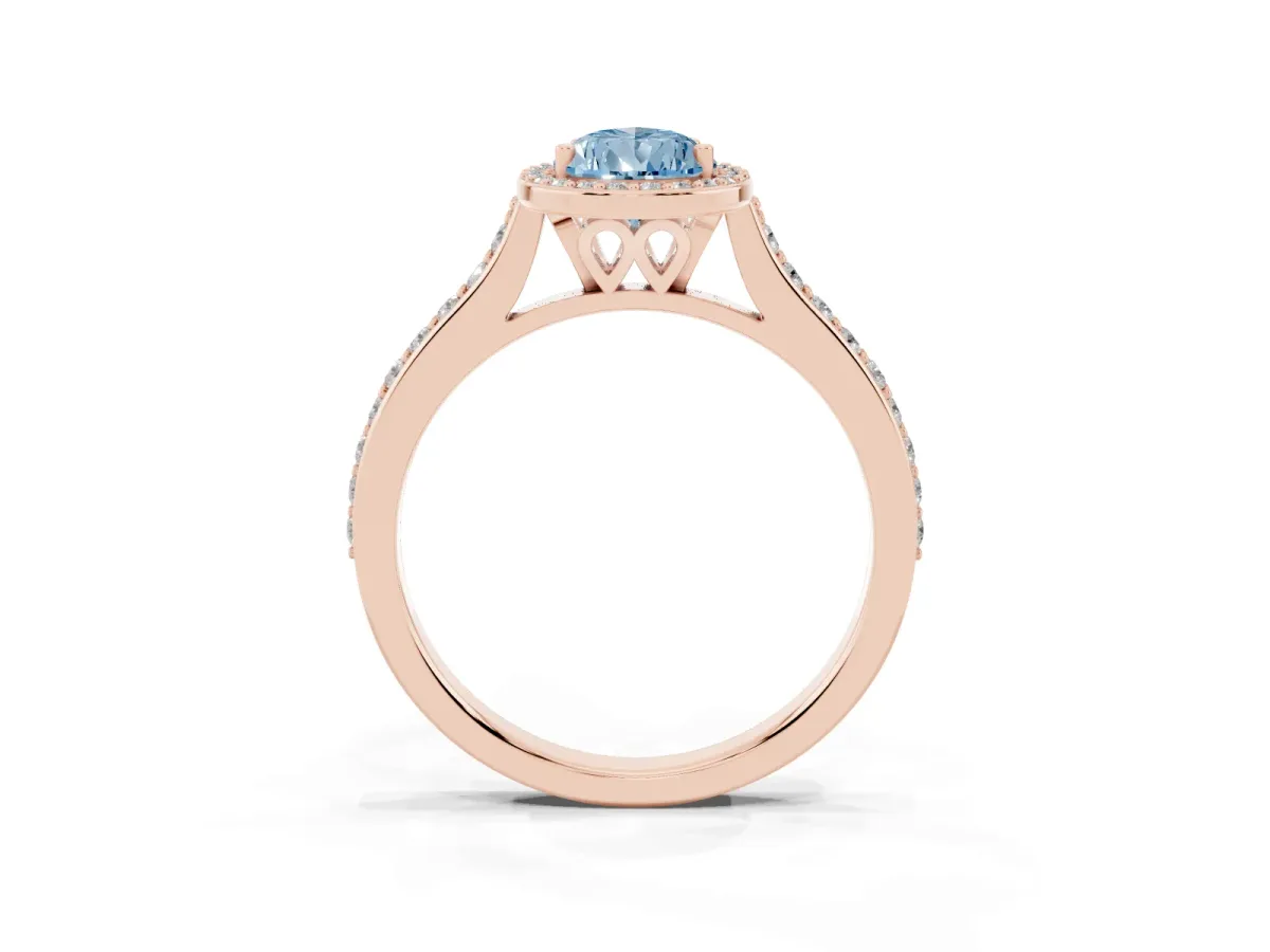 Fancy Blue Pear Cut Diamond Halo Engagement Ring with Round Pavé Shoulders and Prong Setting Rose gold