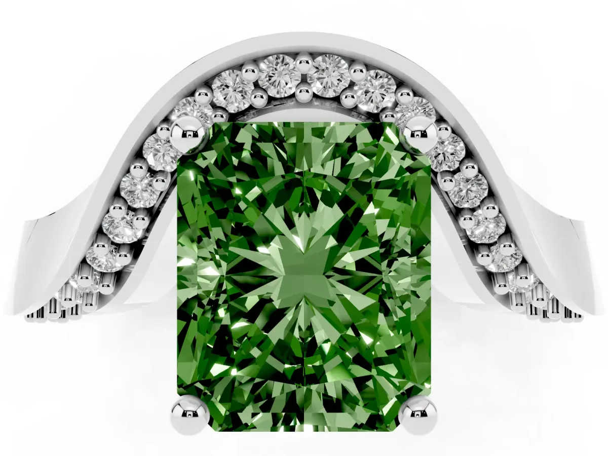 Fancy Green Radiant Cut Solitaire Diamond Engagement Ring with Pave Band and Four-Prong Setting Platinum