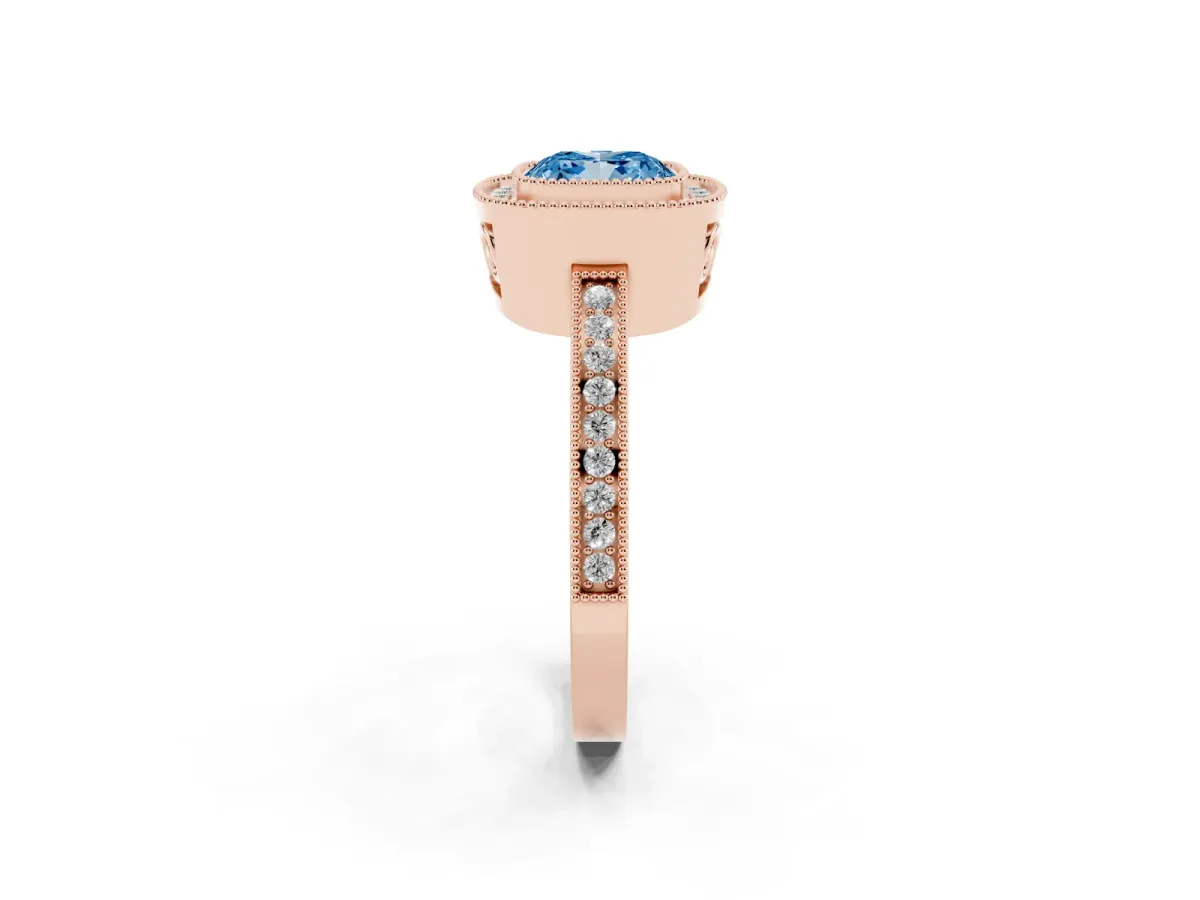 Fancy Blue Cushion Cut Cut Halo Diamond Ring with Pavé Band and Milgrain Prong Setting Rose gold