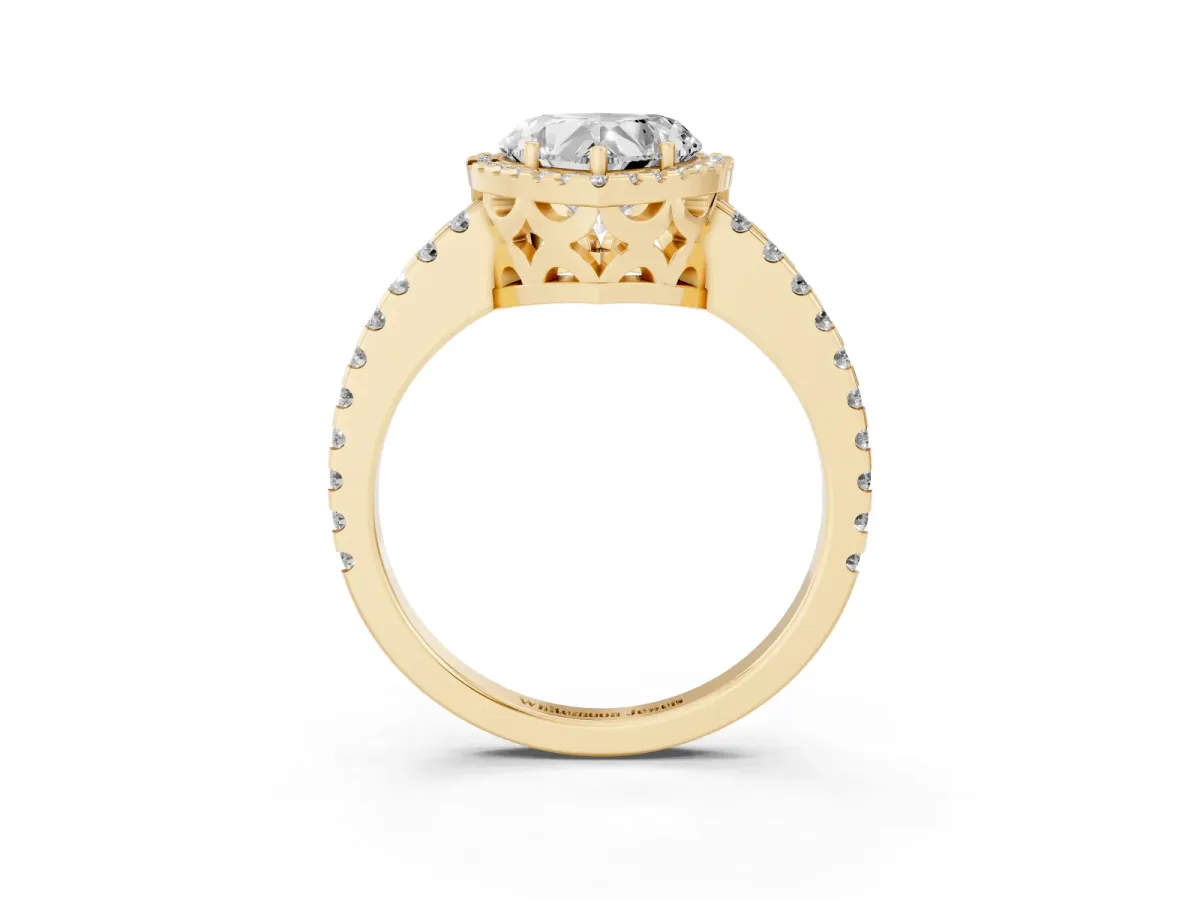 Heart Cut Diamond Halo Engagement Ring with Pavé Band and Prong Setting Yellow gold