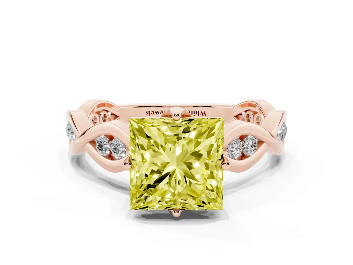 Fancy Yellow Princess Cut Solitaire Twist Band with Leaf Prong Setting Rose gold