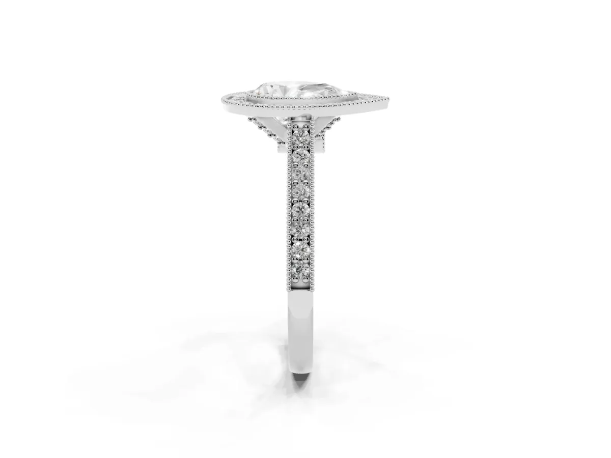 Halo Pear Cut-Cut Diamond Pave Band Milgrain Prong Setting Ring Silver