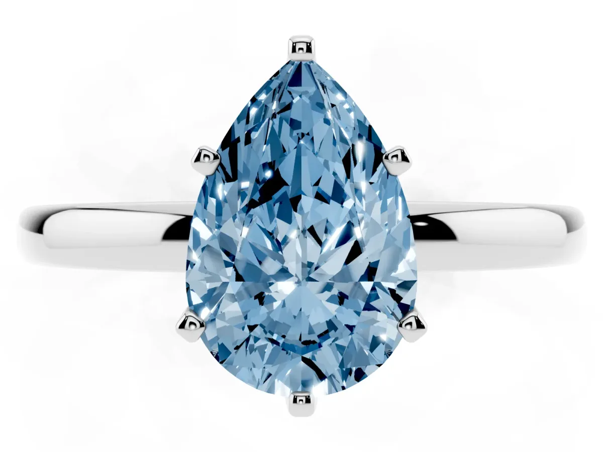 Fancy Blue Pear Cut Solitaire Diamond Ring with Six-Prong Setting on a Classic Band Platinum
