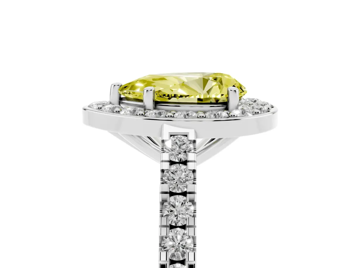 Fancy Yellow Pear Cut Diamond Halo Ring with Round Pavé Split Shank and Prong Setting Silver