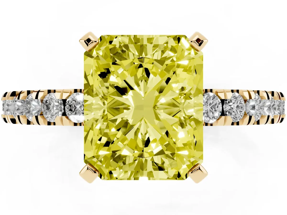 Fancy Yellow Radiant Cut Solitaire Diamond with Pavé Band and Four-Prong Setting Yellow gold