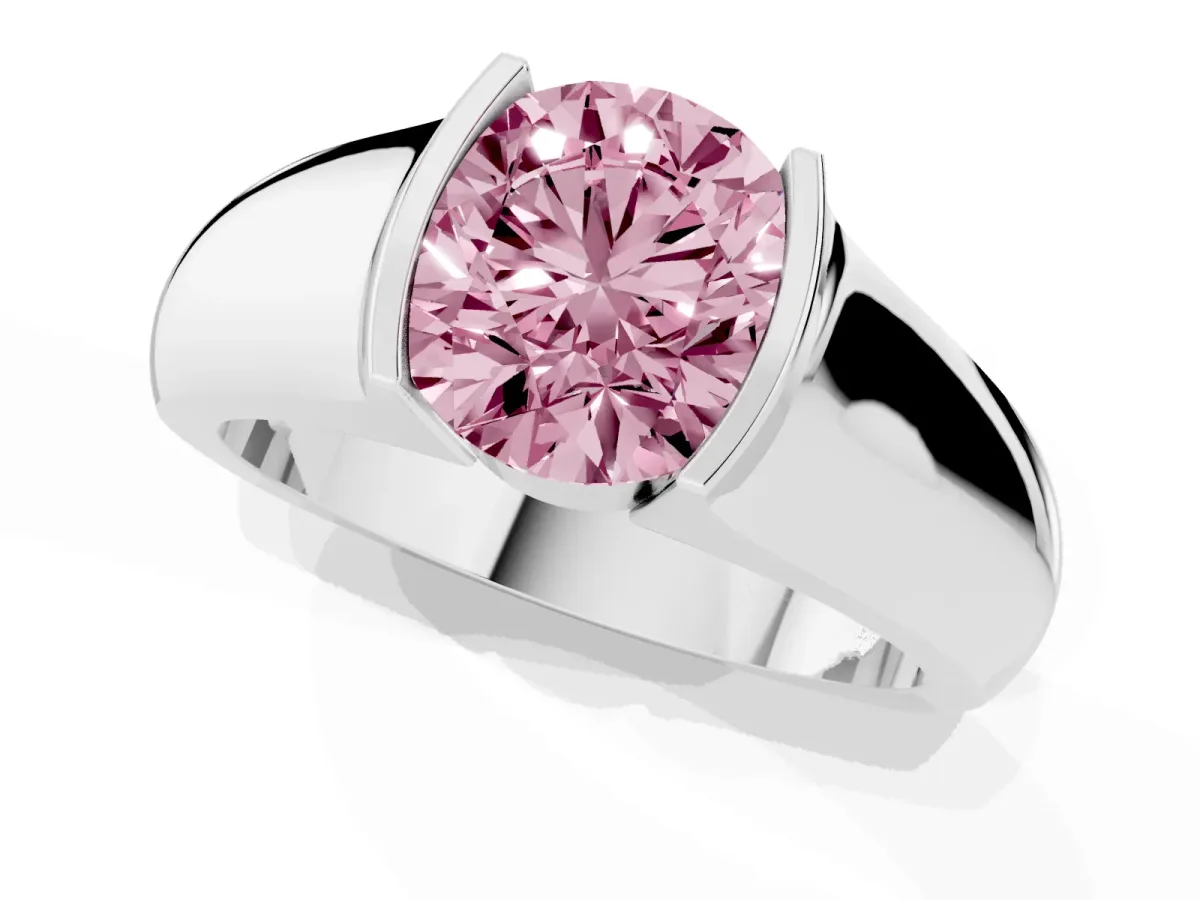 Fancy Pink Round Cut Solitaire Bezel Set Diamond Ring with Wide Band Silver