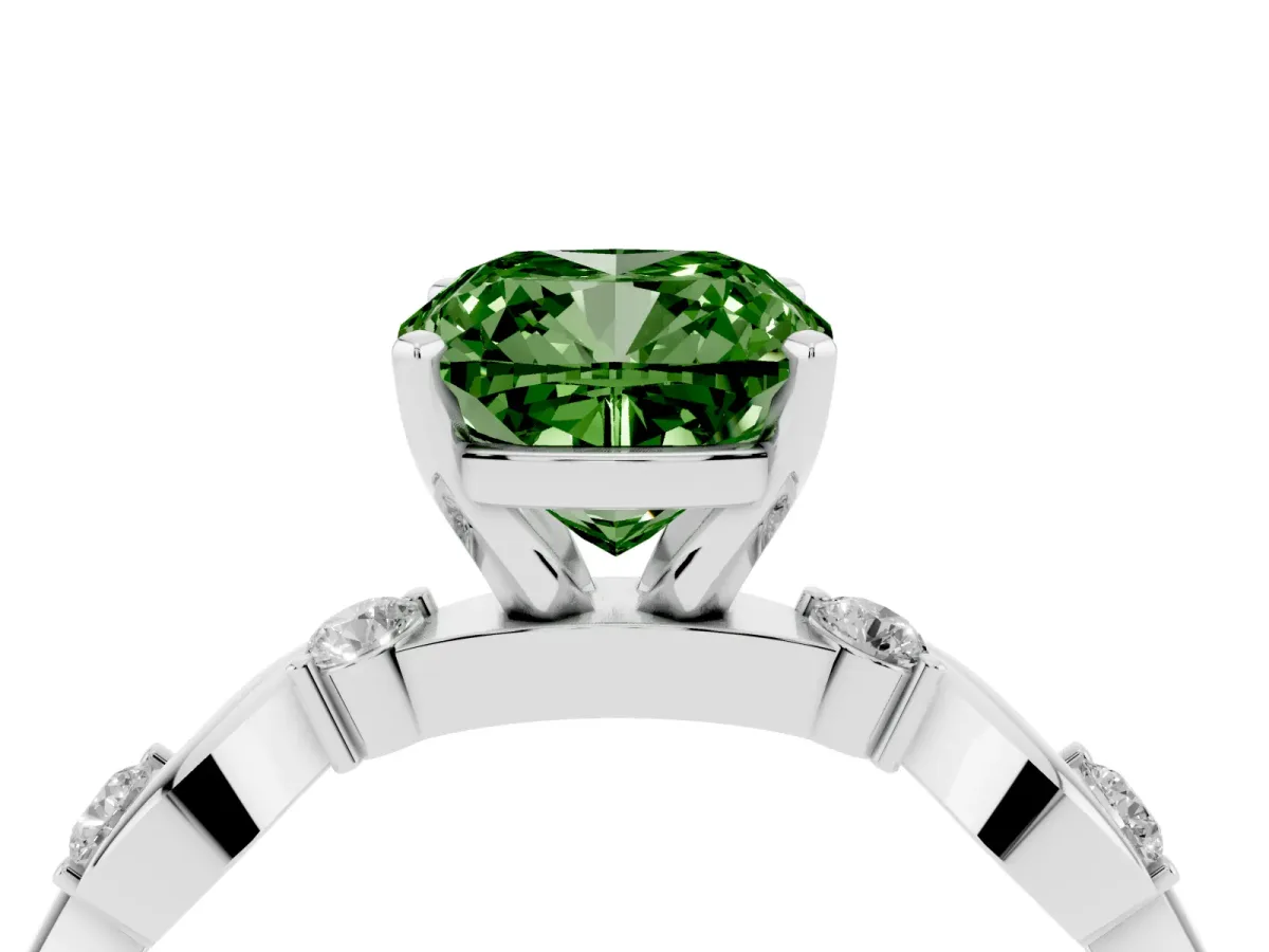 Fancy Green Cushion Cut Diamond Solitaire Twisted Band with Round Accents and Prong Setting Platinum