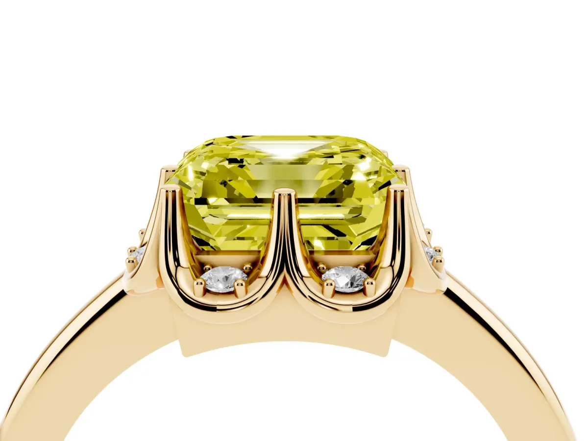 Fancy Yellow Asscher Cut Halo Diamond Ring with Round Cluster Setting, Solitaire Band, and Four-Prong Setting Yellow gold