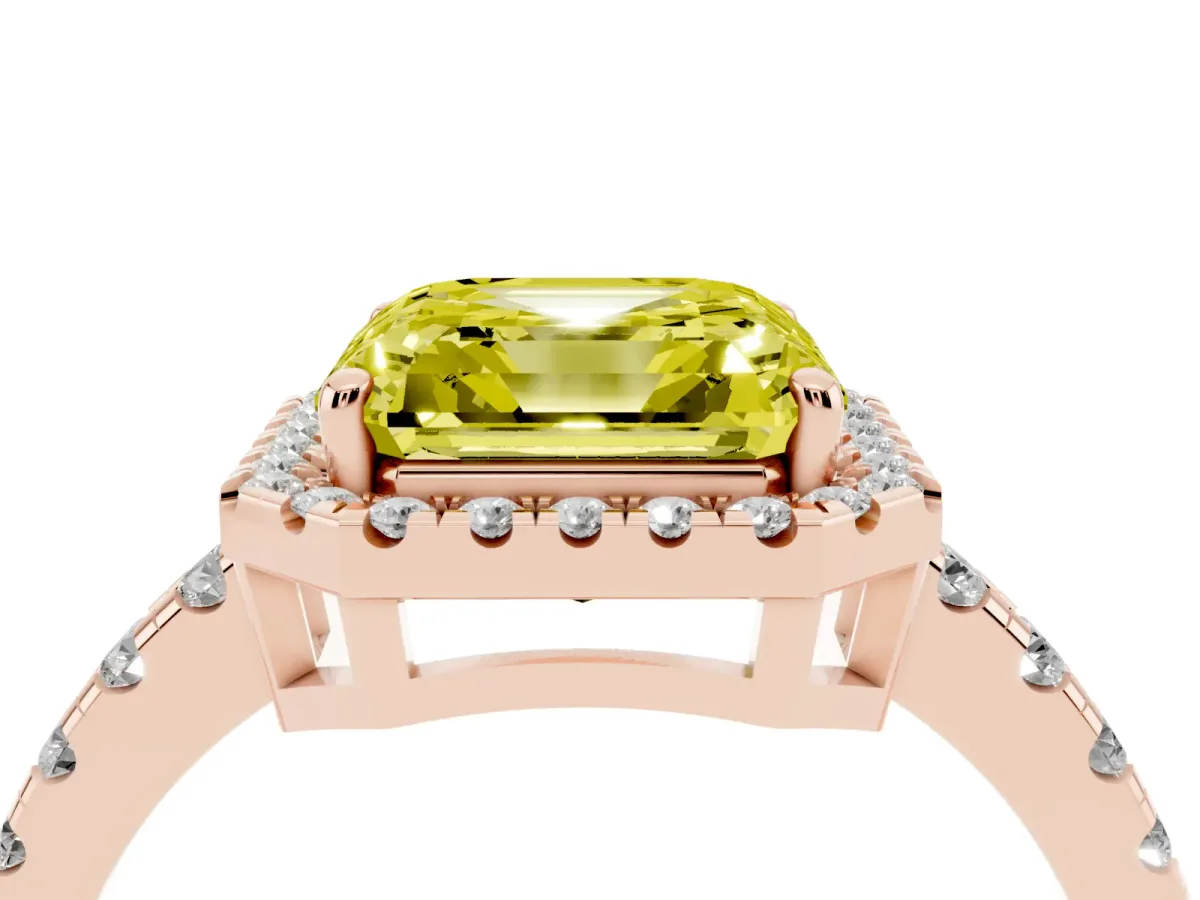 Fancy Yellow Asscher Cut Diamond Halo Ring with Pavé Band and Four-Prong Setting Rose gold
