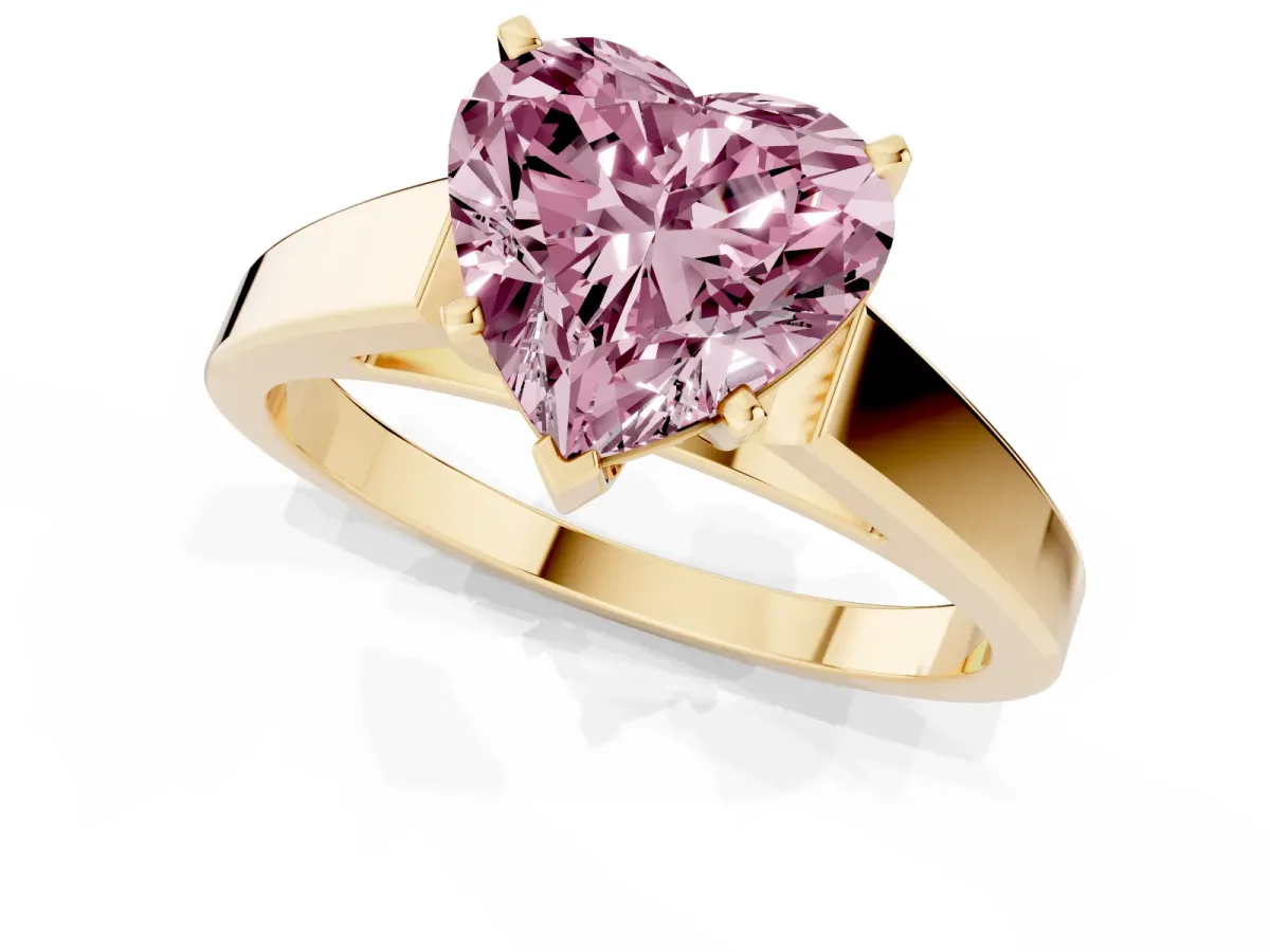 Fancy Pink Heart Cut Solitaire Engagement Ring with Four-Prong Setting and Tapered Band Yellow gold