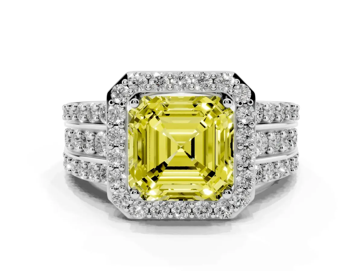 Fancy Yellow Asscher Cut Halo Diamond Ring with Round Split Shank and Prong Setting Platinum
