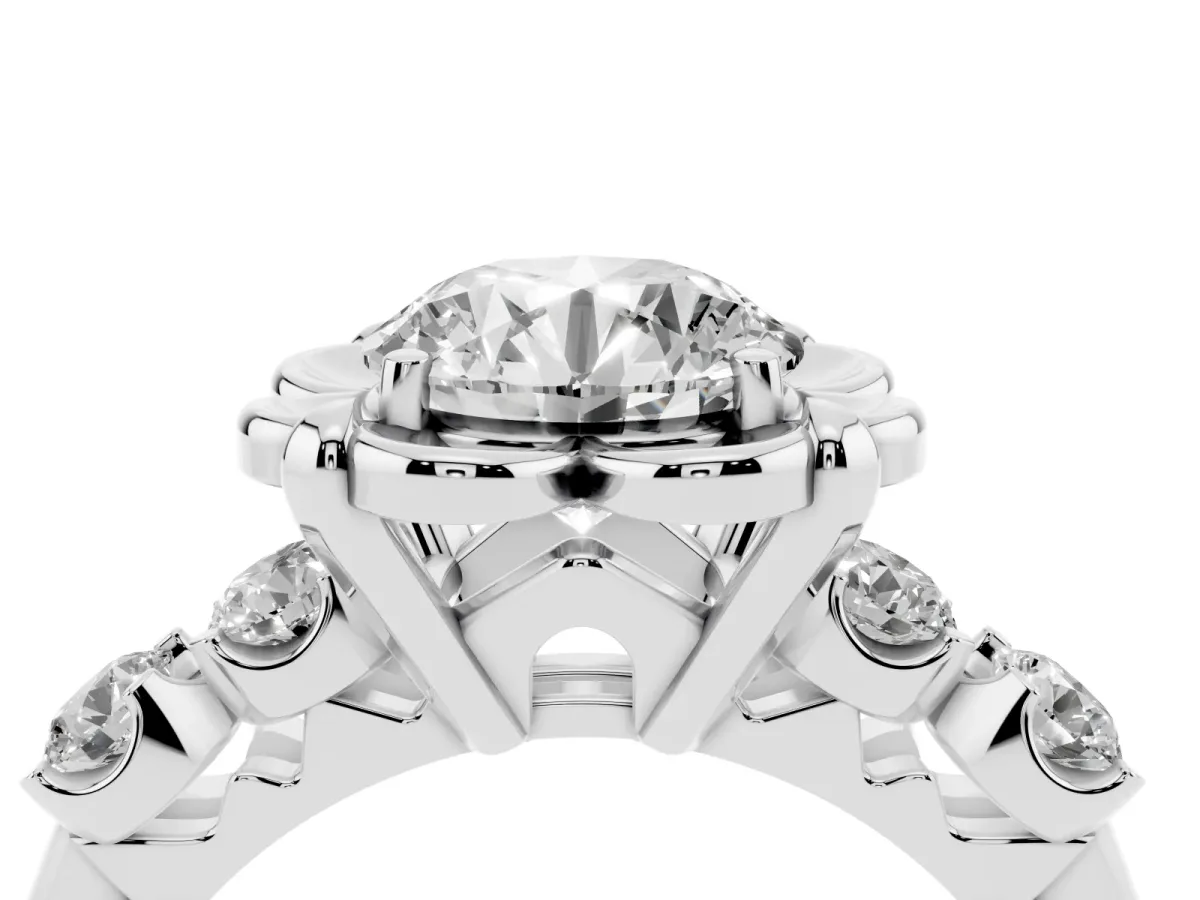 Round Cut Cut Diamond Floral Halo Engagement Ring with Shared Prong Setting Silver