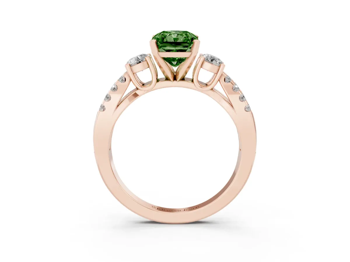 Fancy Green Radiant Cut Diamond Three-Stone Ring with Pavé Split Shank and Four-Prong Setting Rose gold