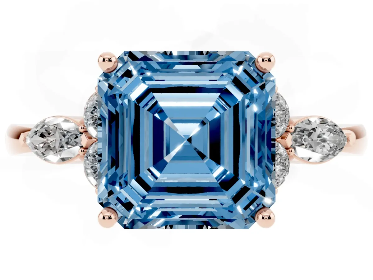 Fancy Blue Asscher Cut Brilliant Diamond Solitaire Ring with Pear Side Stones and Four-Prong Setting Rose gold