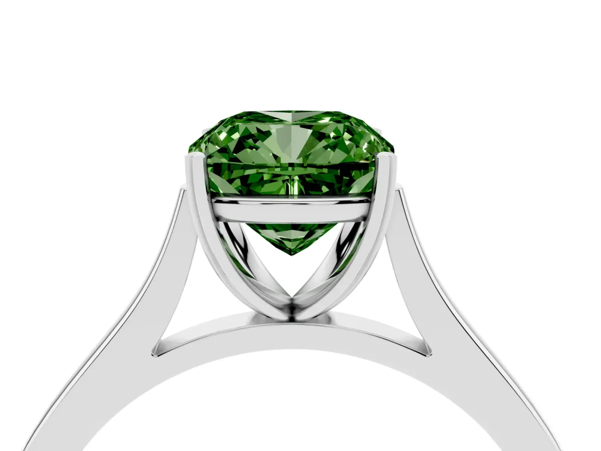 Fancy Green Cushion Cut Solitaire Heart Prong Engagement Ring with Tapered Band Platinum