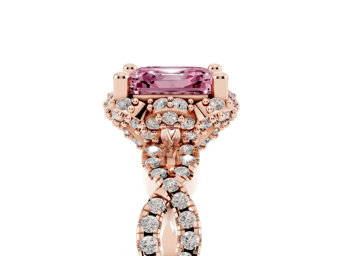 Fancy Pink Asscher Cut Halo Twist Band Solitaire Ring with Six-Prong Setting Rose gold