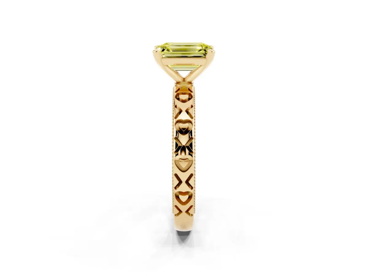 Fancy Yellow Emerald Cut Solitaire Diamond Engagement Ring with XO Engraved Band and Four-Prong Setting Yellow gold